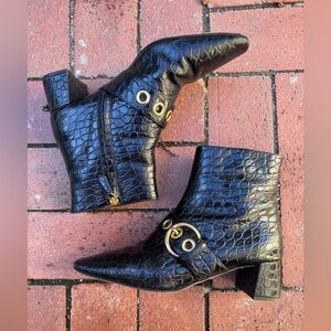 90s Vintage Prada Black Croc-Embossed Ankle Boots w harness hardware  36 1/2